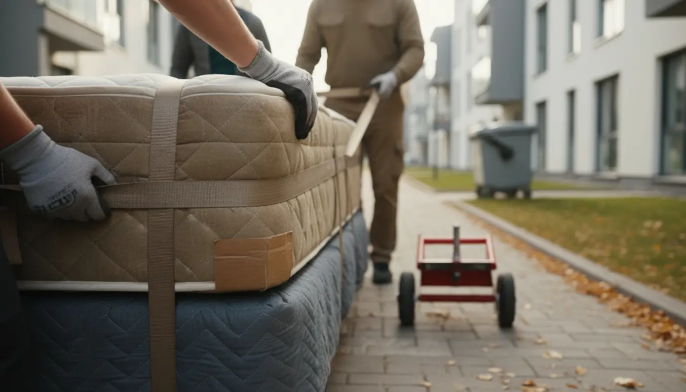 To personer bærer en halvanden mands seng langs en sti mod en container, kun hænder og overkrop er synlige.