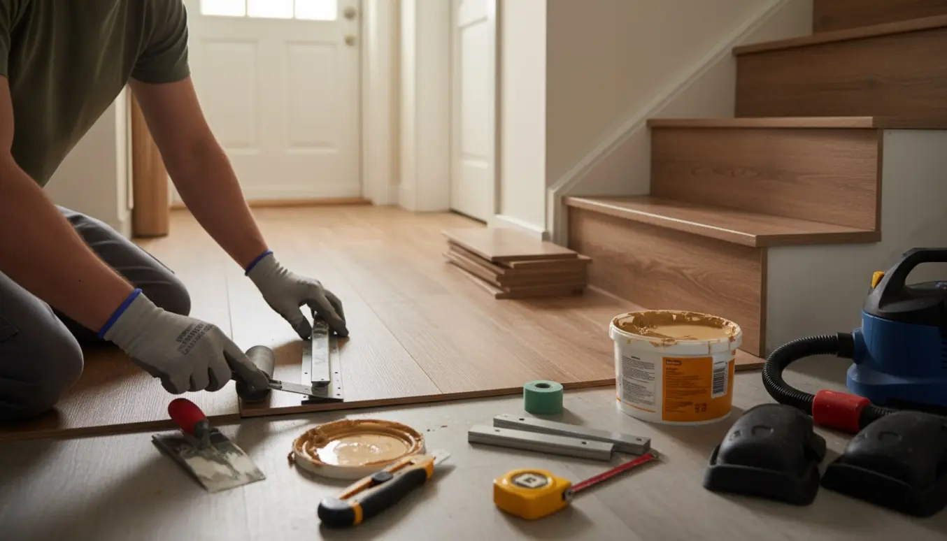 Nyt vinylgulv og kældertrappe under montering med værktøj og materialer til stede.