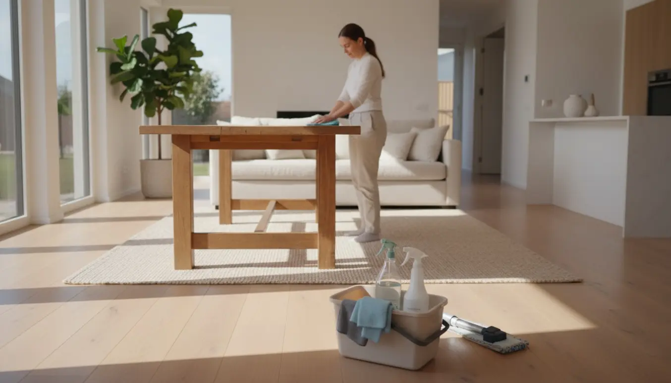 En person tørrer et træbord af i et lyst, ryddeligt hjem med rengøringsudstyr i forgrunden.