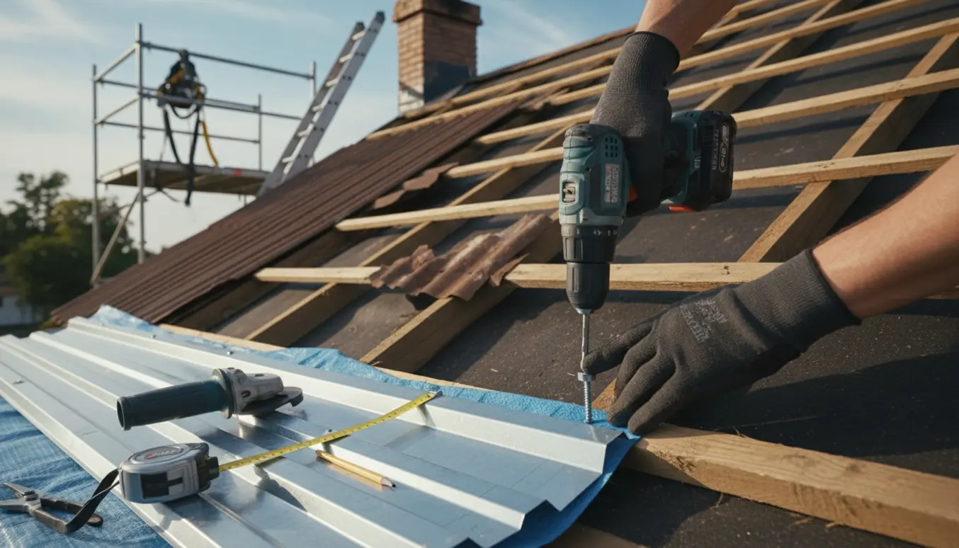 Hænder monterer nye korrugerede tagplader med boremaskine på et tag.