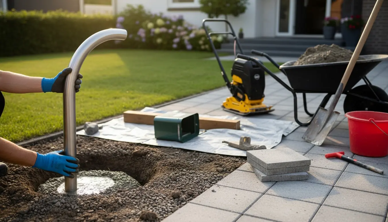 Ny postkassestander støbes i våd beton ved indkørsel, mens SF-fliser genlægges og pladevibrator står klar.