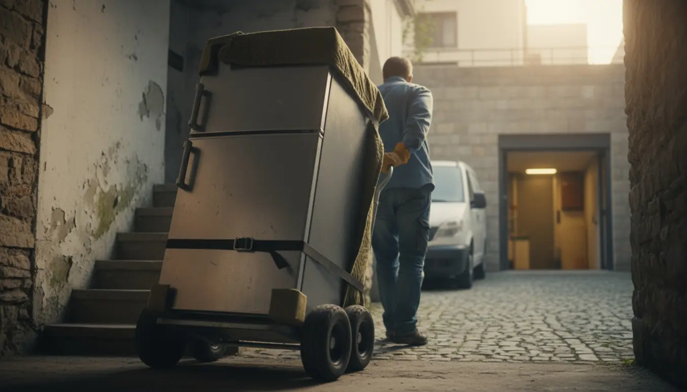 Et køleskab på en dolly bæres fra et gammelt kælderrum gennem en gård mod et nyt kælderrum.