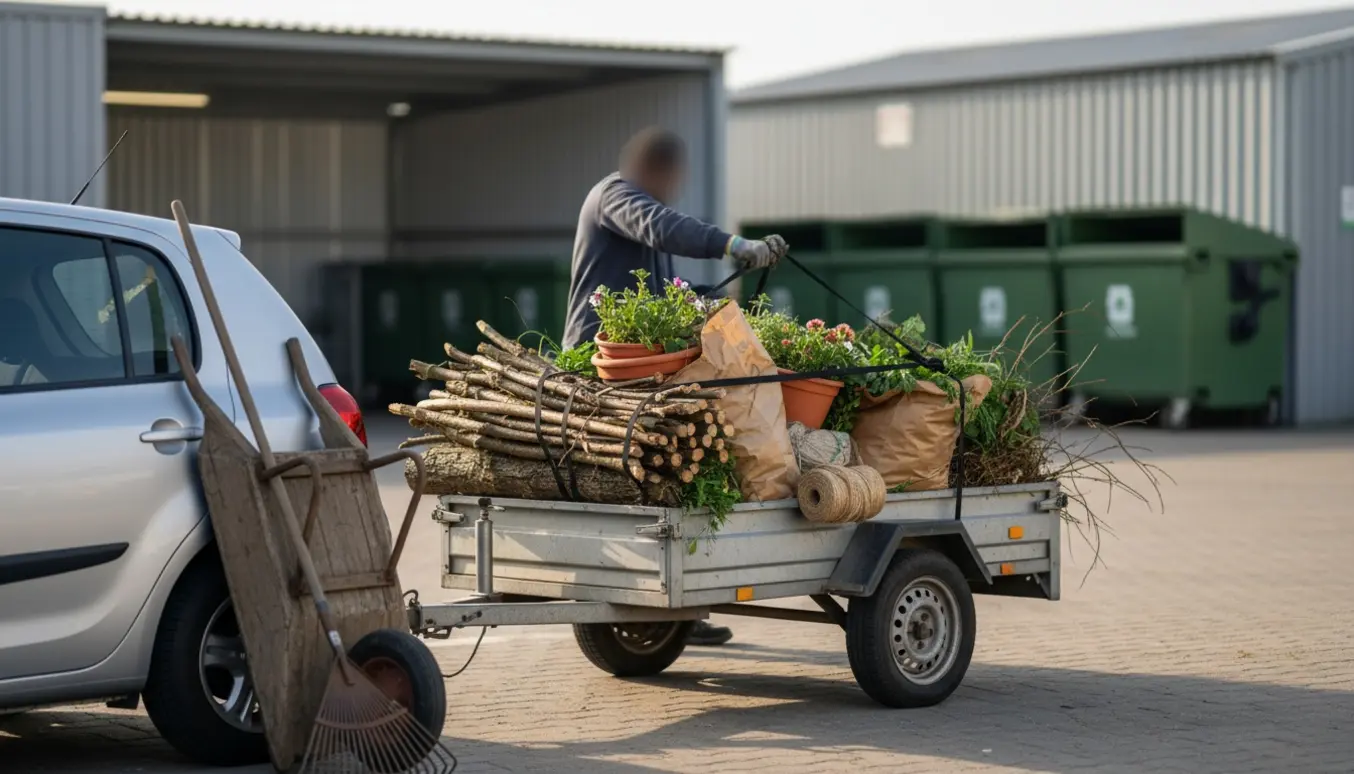 Trailer med haveaffald og haveredskaber klar til aflevering på genbrugspladsen.