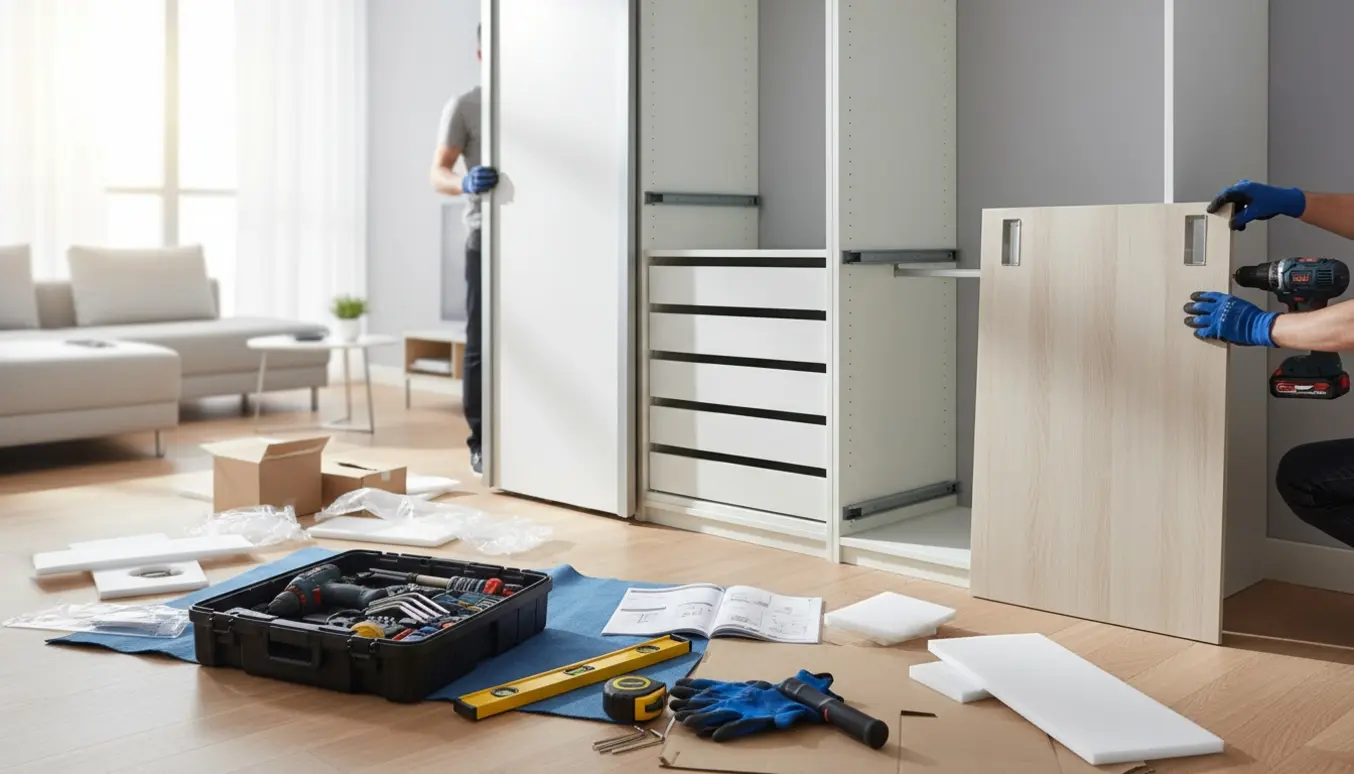 Delvist samlet stort IKEA PAX-garderobeskab i stue med værktøj lagt frem.