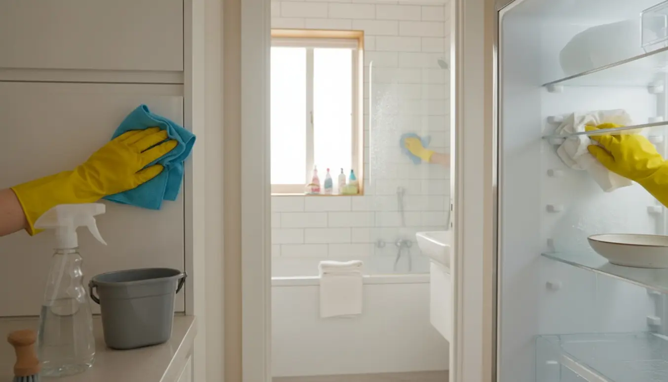 Hænder i gule rengøringshandsker tørrer et køkkenskab med et afrimmet køleskab og afkalkede badeværelsesfliser i baggrunden.