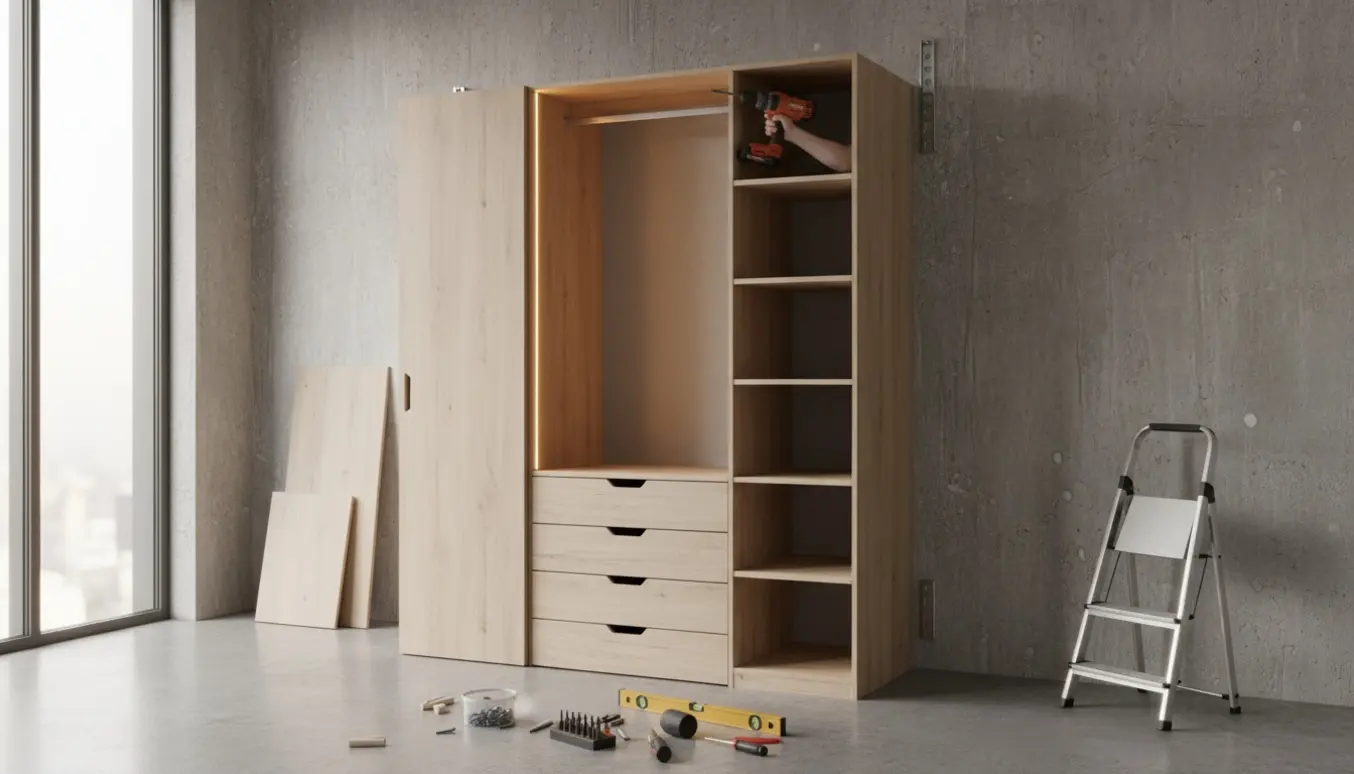 Delvist samlet højt skab fastgøres til betonvæg med slagboremaskine, indbygget LED-lys skinner indefra.