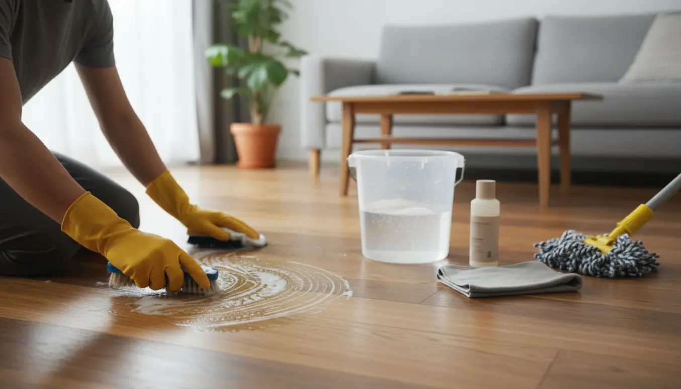 Nærbillede af hænder, der skrubber et mørkt olieret trægulv, hvor en ren, varm træoverflade bliver synlig.