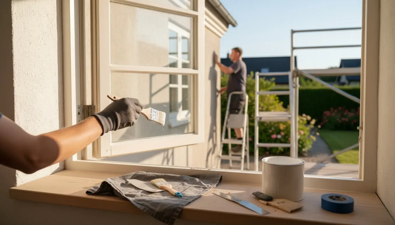 Dannebrogsvindue malet indvendigt og udvendigt med pensel, malerbøtte og stige i baggrunden.