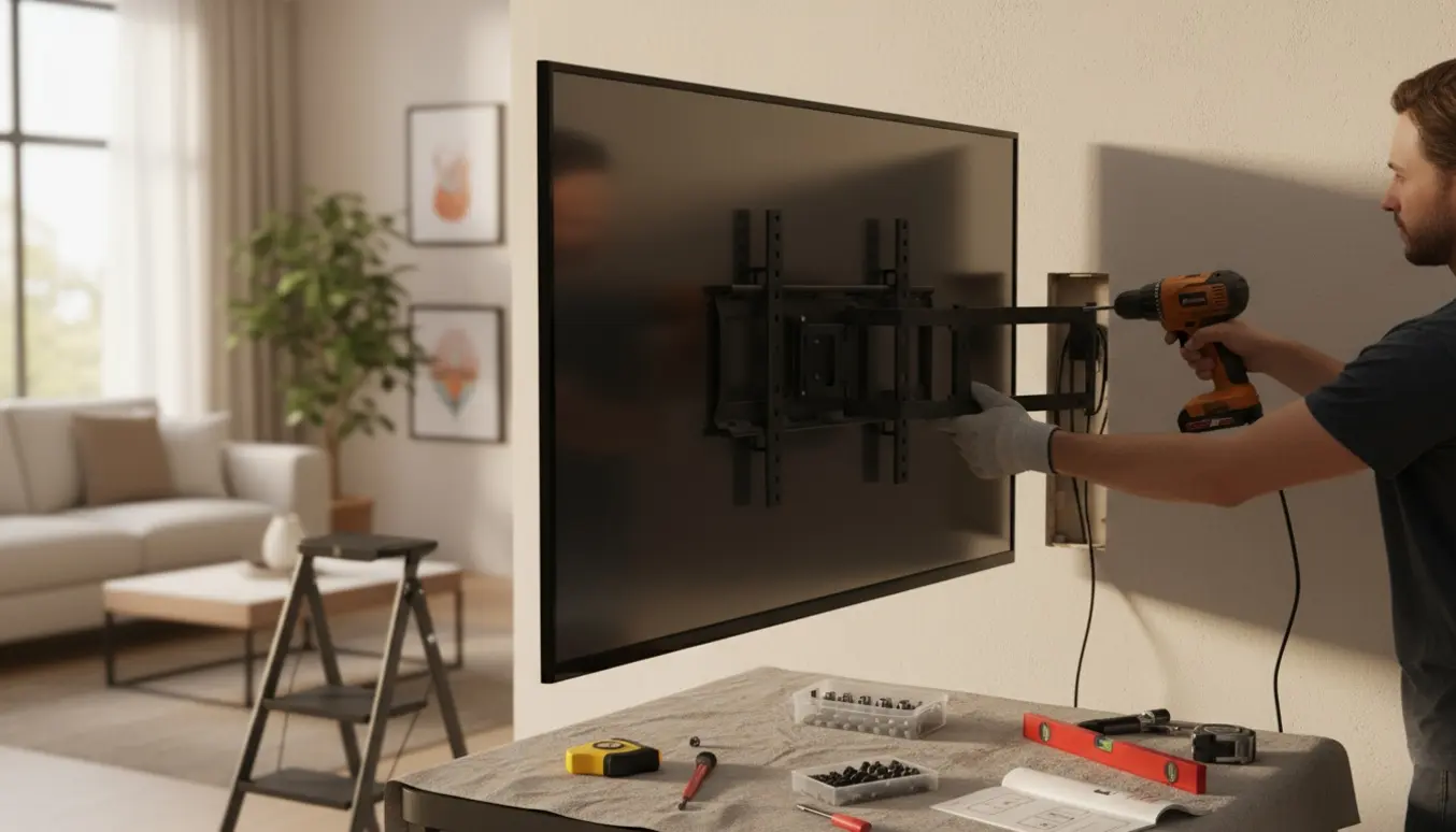 To personer monterer et 50 tommer TV på et tilt-vægbeslag i en moderne stue med fokus på hænder og værktøj.
