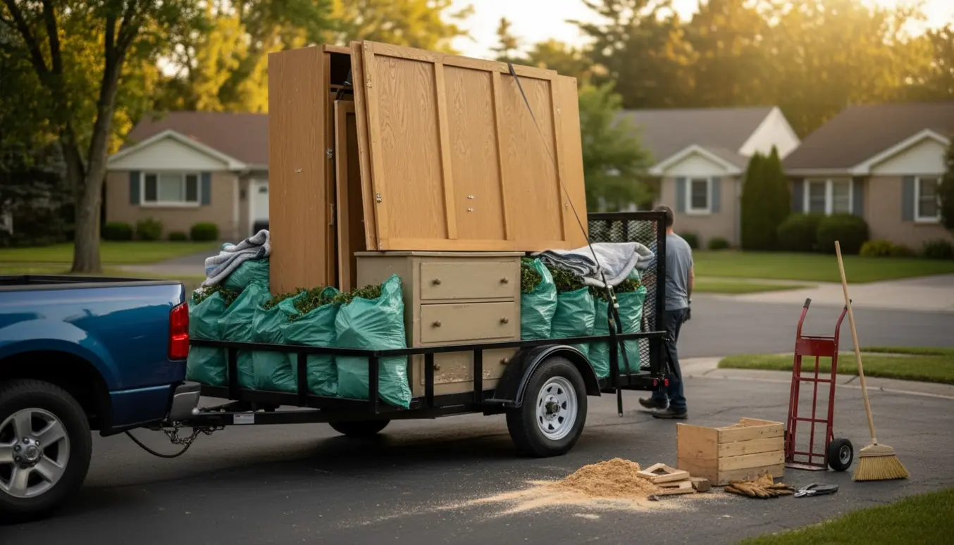 Lastning af skab, to kommoder og ca. 30 sække hækafklip på trailer i indkørsel.
