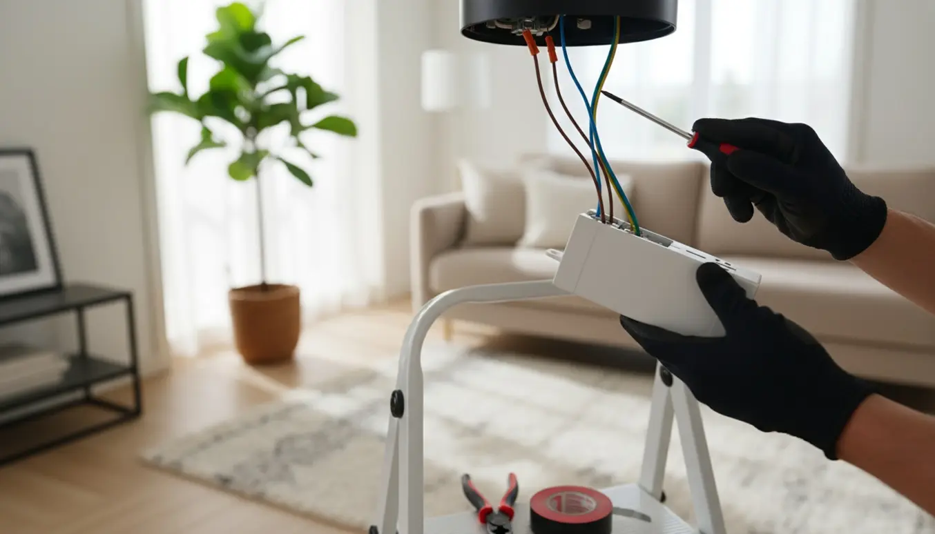 Hænder installerer en lysdæmper til loftlampen i en lys, skandinavisk stue.