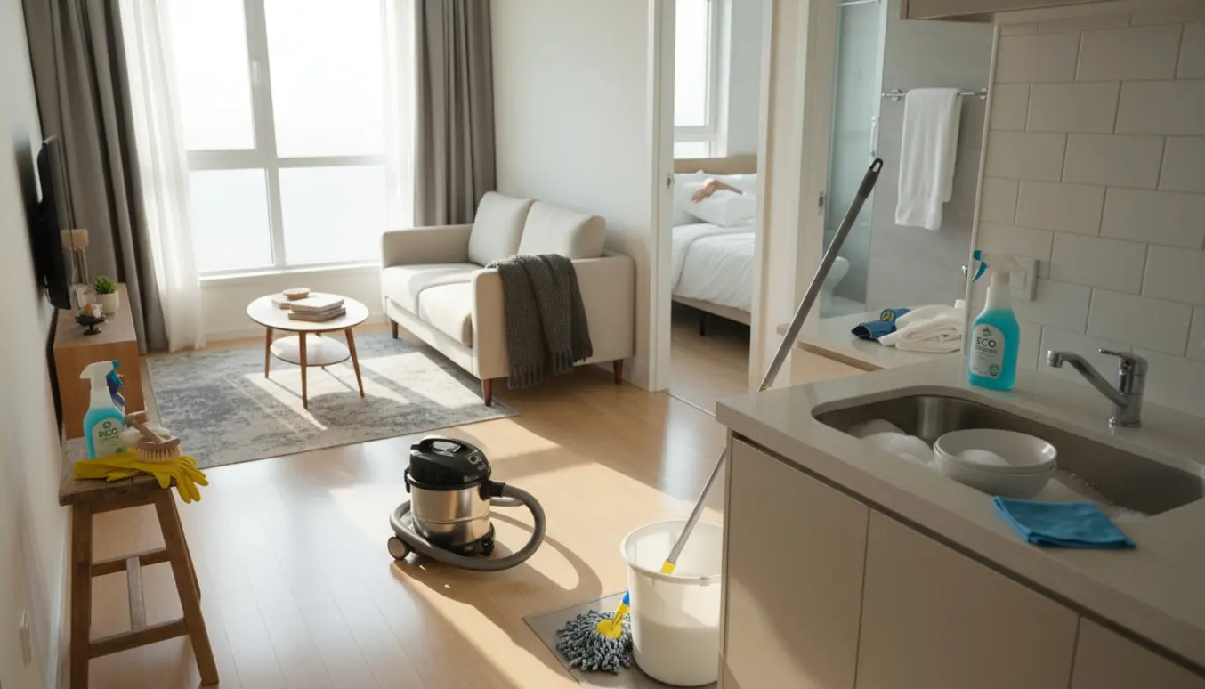 Lys, realistisk foto af en lille lejlighed under rengøring med støvsuger, moppe og rengøringsmidler.