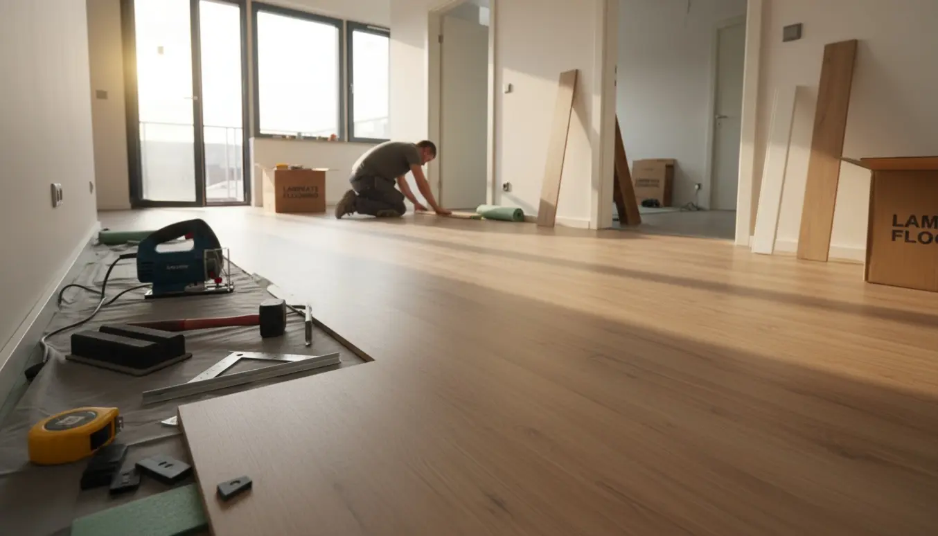 Delvist monteret laminatgulv i to forbundne værelser og en lille gang med værktøj og planker klar til arbejde.