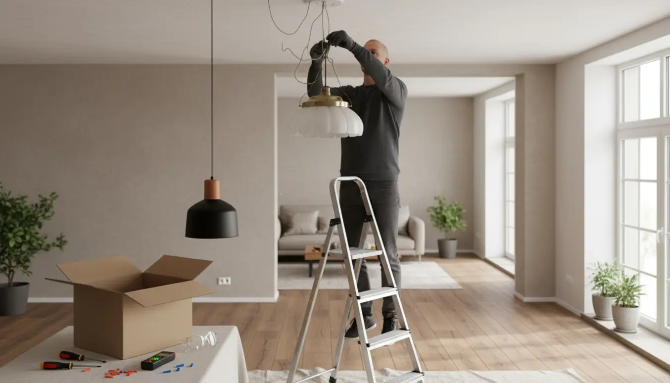 Hænder på en stige afmonterer en gammel loftlampe, mens en ny lampe og værktøj ligger klar ved siden af.