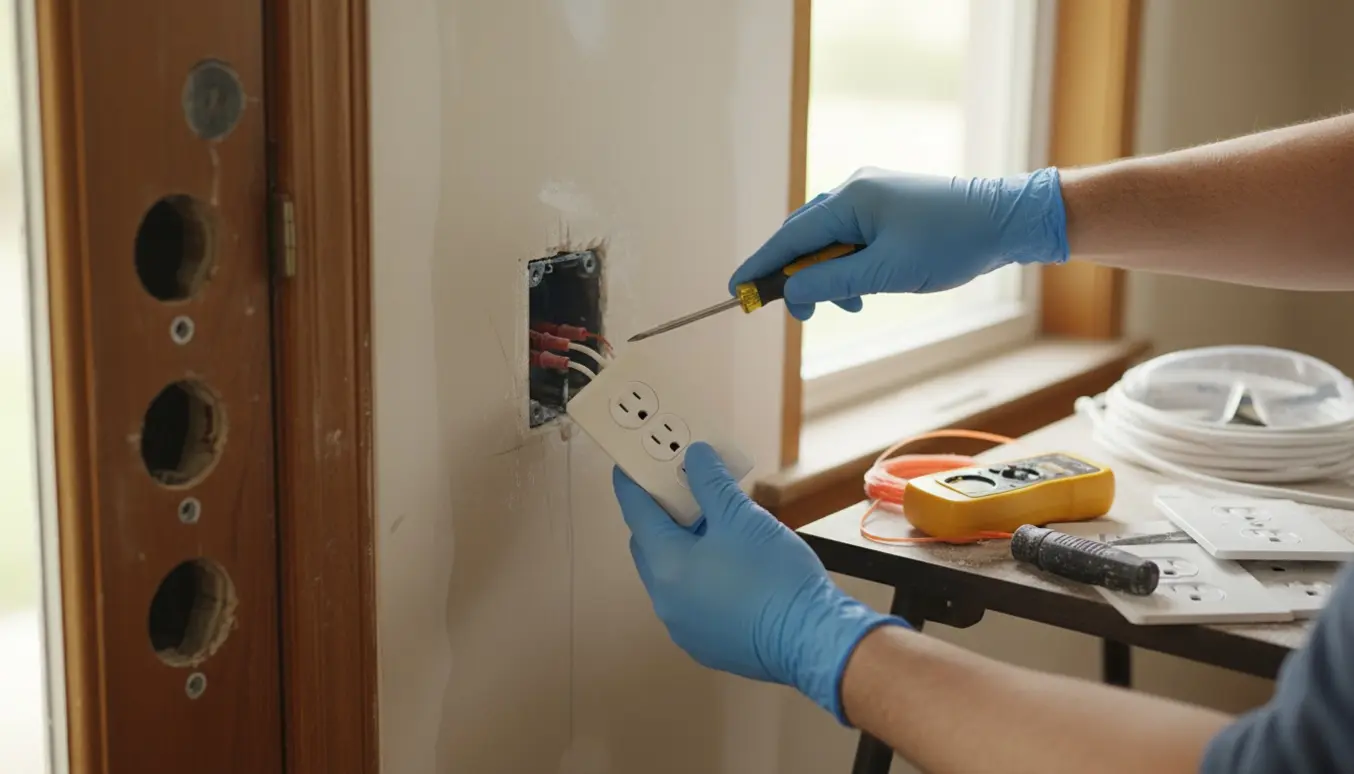 Tre-fire stikkontakter flyttes fra dørkarmen ind i væggen, hænder arbejder med værktøj ved en ny el-boks.