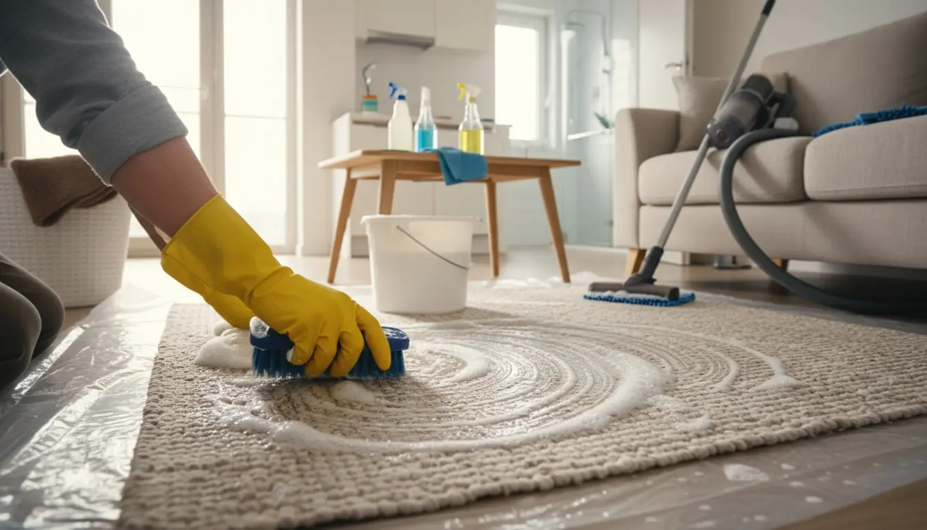 Hænder i gule handsker skrubber et gulvtæppe i en lille etværelses lejlighed under slutrengøring.