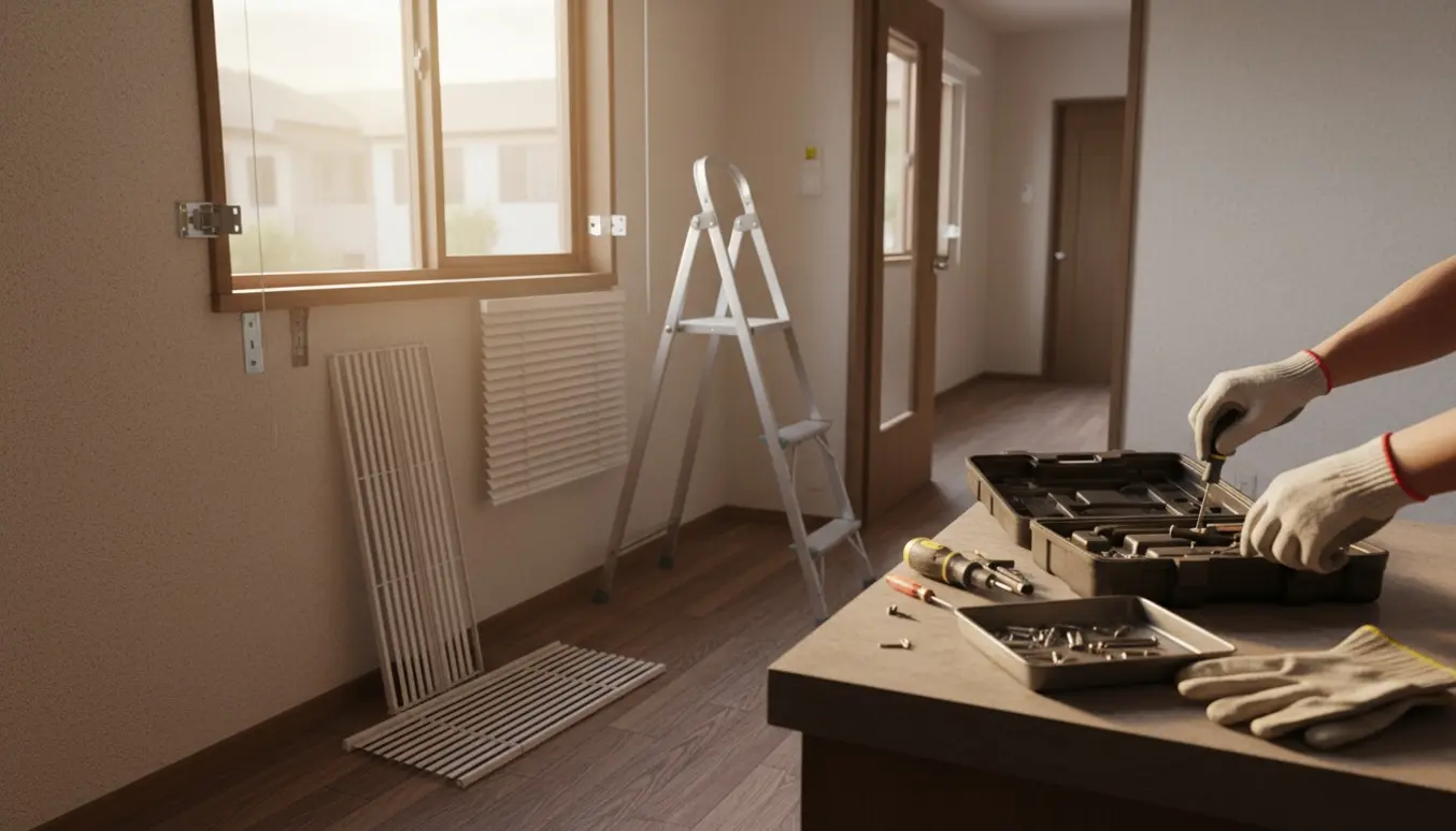 Tre persienner er delvist afmonteret i en lille lejlighed med værktøj og skruer på køkkenbordet i blødt morgenlys.