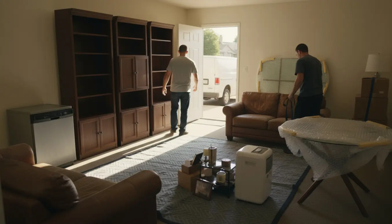 Møbler og husholdningsapparater samlet i en lejlighed ved hoveddøren klar til storskraldsafhentning.