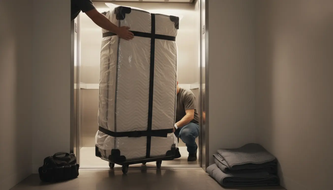 To personer fører en indpakket boxmadras ind i en elevator på vej til kælderen eller genbrugspladsen.