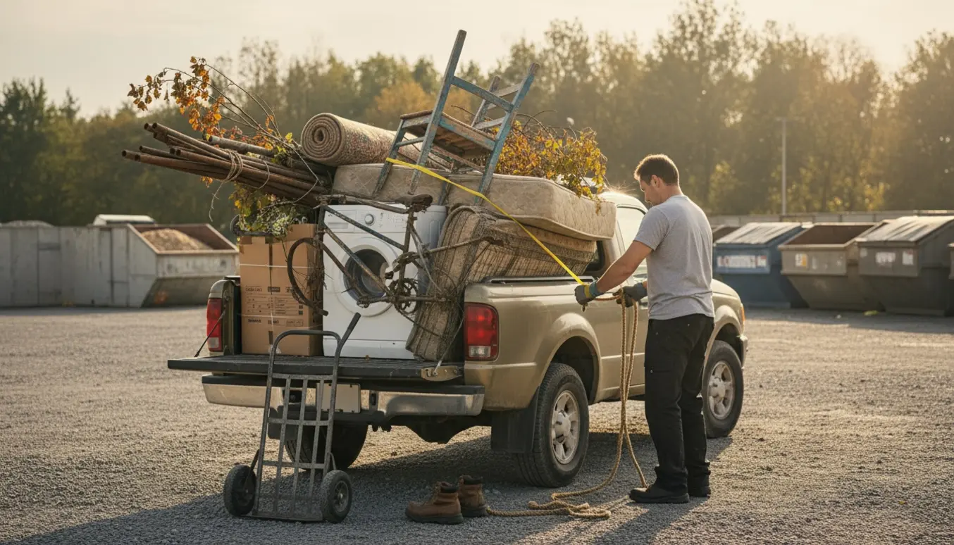 Pickup lastet med forskellige husholdningsgenstande ved en genbrugsplads, en person med ryggen til gør klar til aflevering.