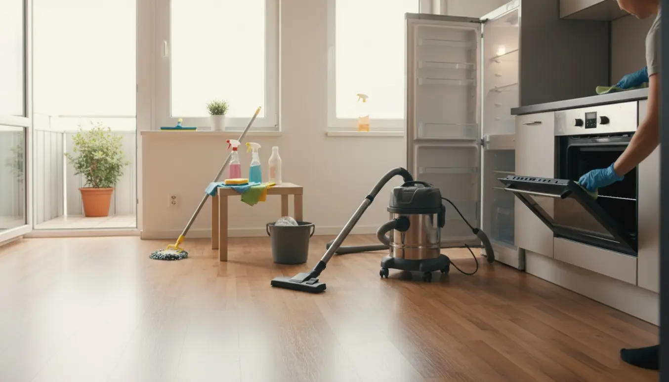 Fraflytningsrengøring i en lys toværelses lejlighed med rengøringsudstyr, åben ovn og sollys fra vinduerne.