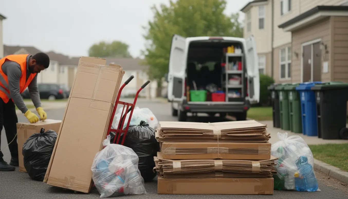 Sammenstillede bundter pap og sække med skrald på fortovet ved en varevogn klar til afhentning.
