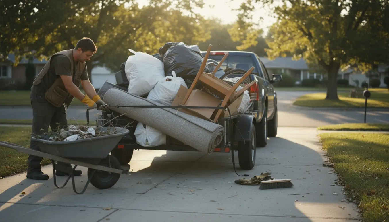 Blandet affald i sække og løse genstande lastes på en trailer i en indkørsel.