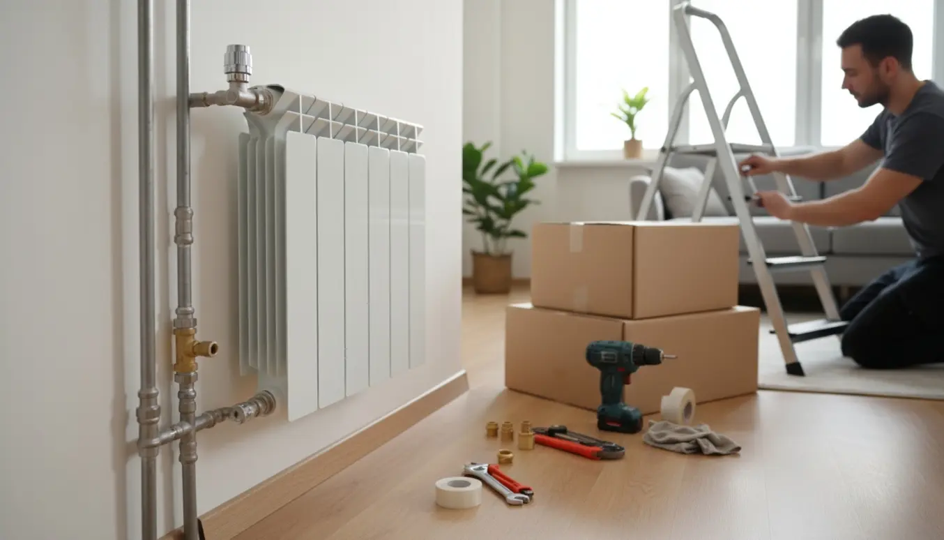 Håndværker monterer en ny hvid radiator i en lejlighed med værktøj og flere nye radiatorer i baggrunden.