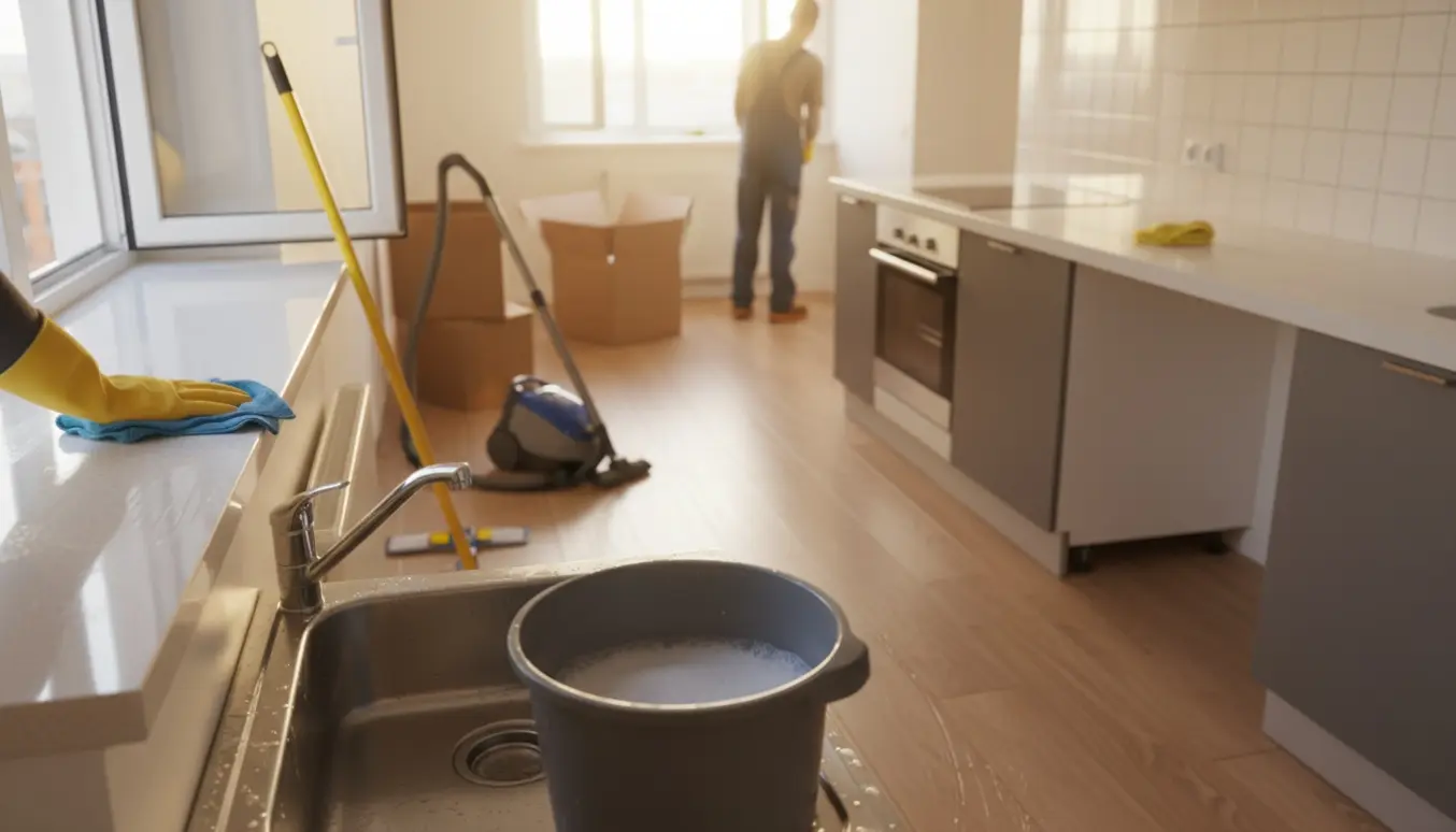 En hånd i gummihandske tørrer en vindueskarm i en lejlighed med støvsuger, moppe og flyttekasser i baggrunden.