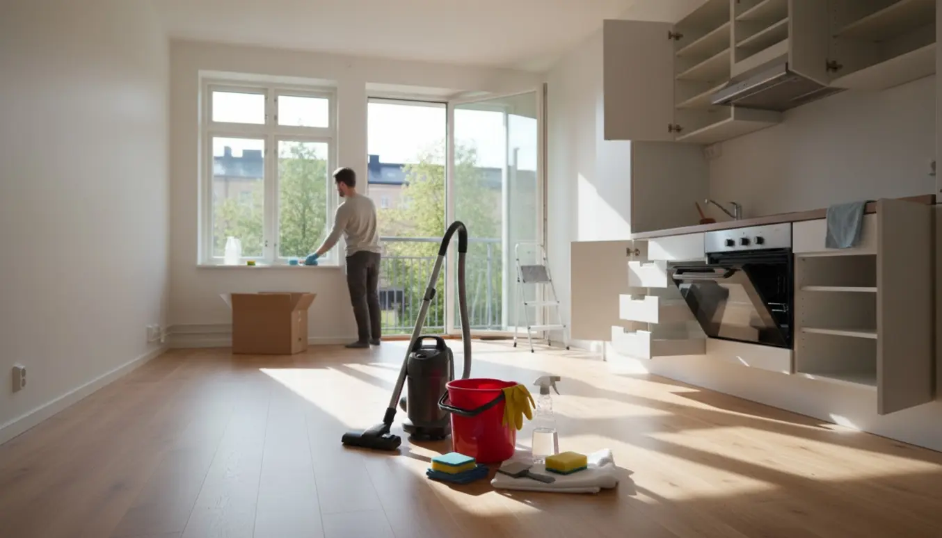 Tom treværelses lejlighed under fraflytningsrengøring med rengøringsudstyr og åbne skabe.