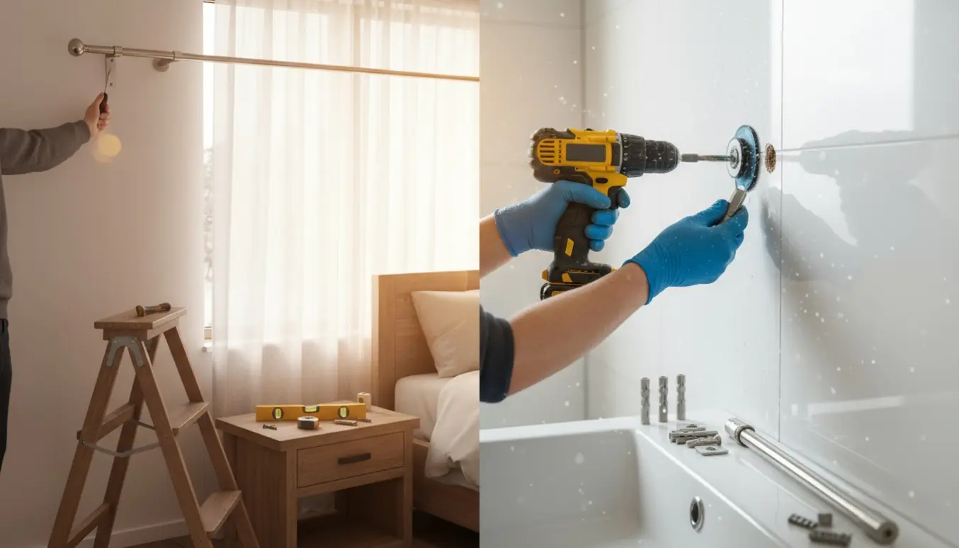 Hænder monterer gardinstang i et solbelyst soveværelse og borer i flise for at hænge en bruseforhængsstang.