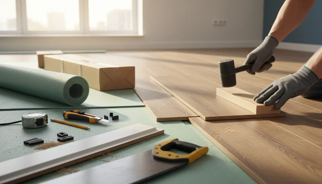 Hænder monterer laminatgulv i et lyst rum med stakke planker, underlag og værktøj.