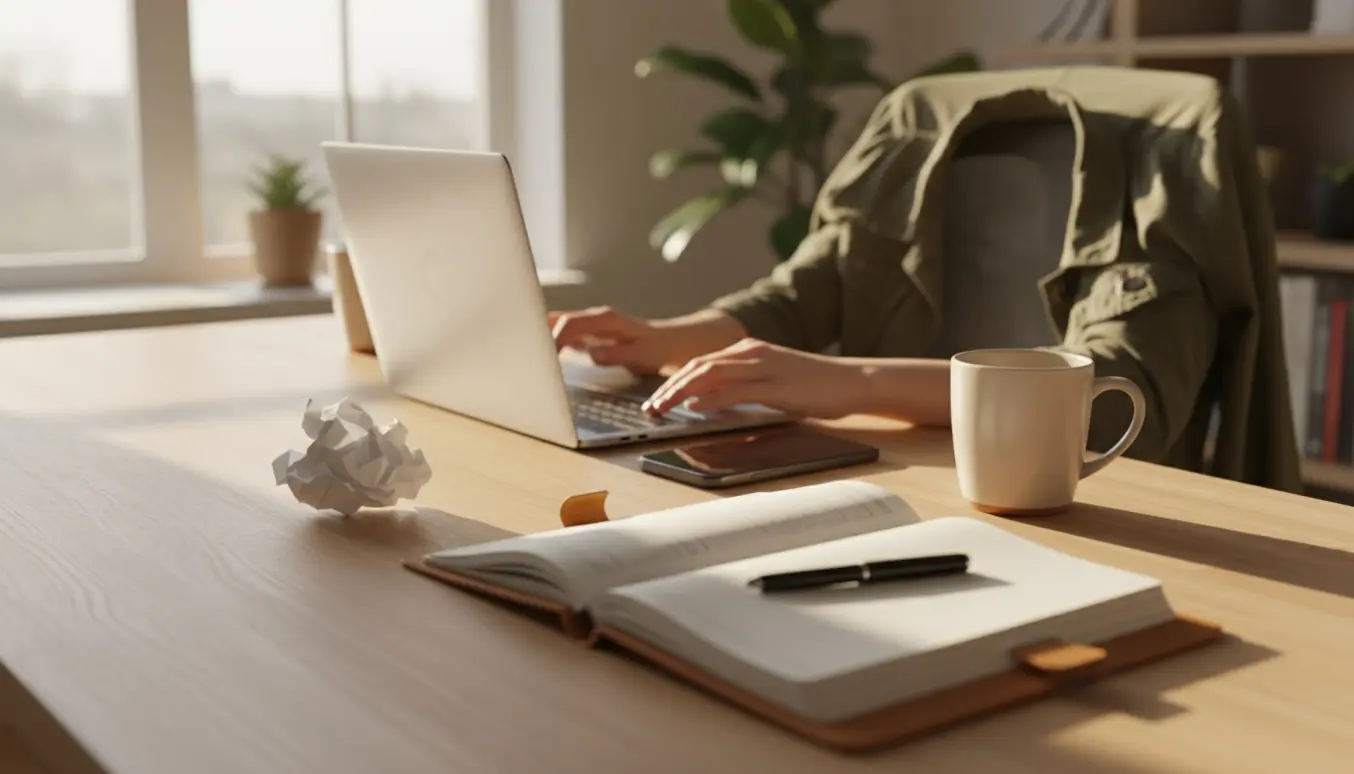 Skrivebord i hjemmekontor med sammenkrøllet papir, lukket laptop og en hånd, der lukker låget – symbol på en aflyst opgave.