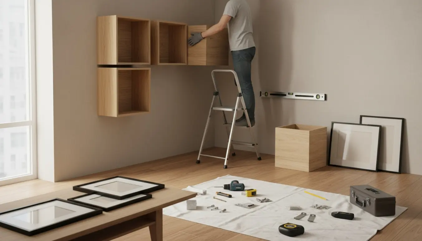 Fire firkantede træbogkasser monteres på en væg, mens et spejl og fire indrammede billeder hænges op.