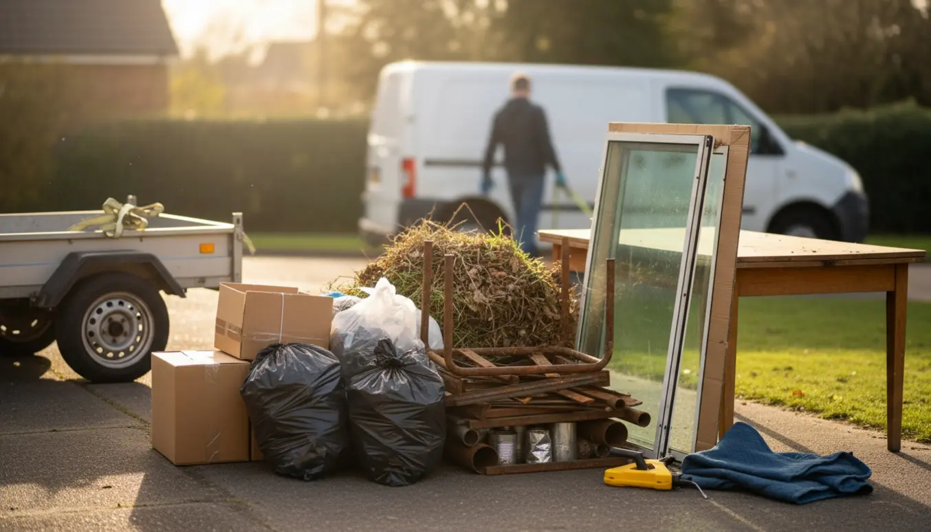 Blandet affald på en indkørsel med papkasser, plastik, metal, haveaffald, to store vinduesglas og et gammelt spisebord klar til bortkørsel.