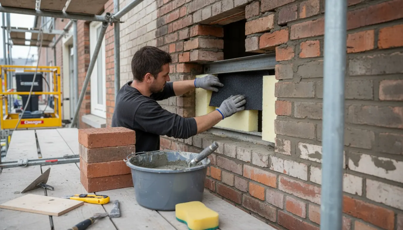 Nærbillede af murarbejde med murpap installeret over vinduesfals, mursten, mørtel og stillads i baggrunden.