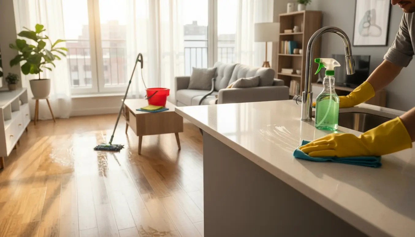 Hovedrengøring i en lys lejlighed med moppe, støvsuger og hænder i gummihandsker.