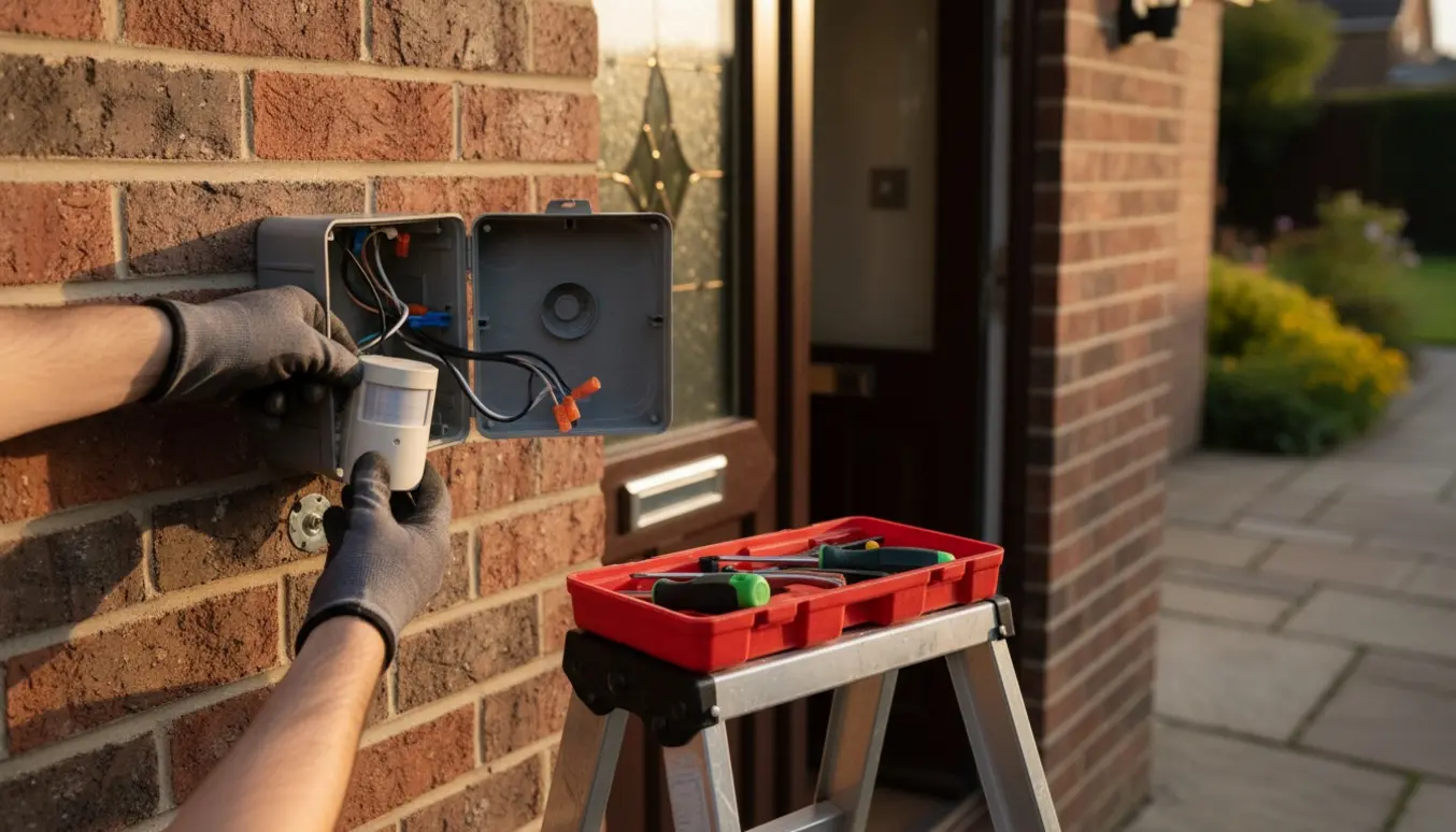 Hænder monterer en udvendig bevægelsessensor ved en væglampe med værktøj, mens den indvendige afbryder er synlig gennem døren.