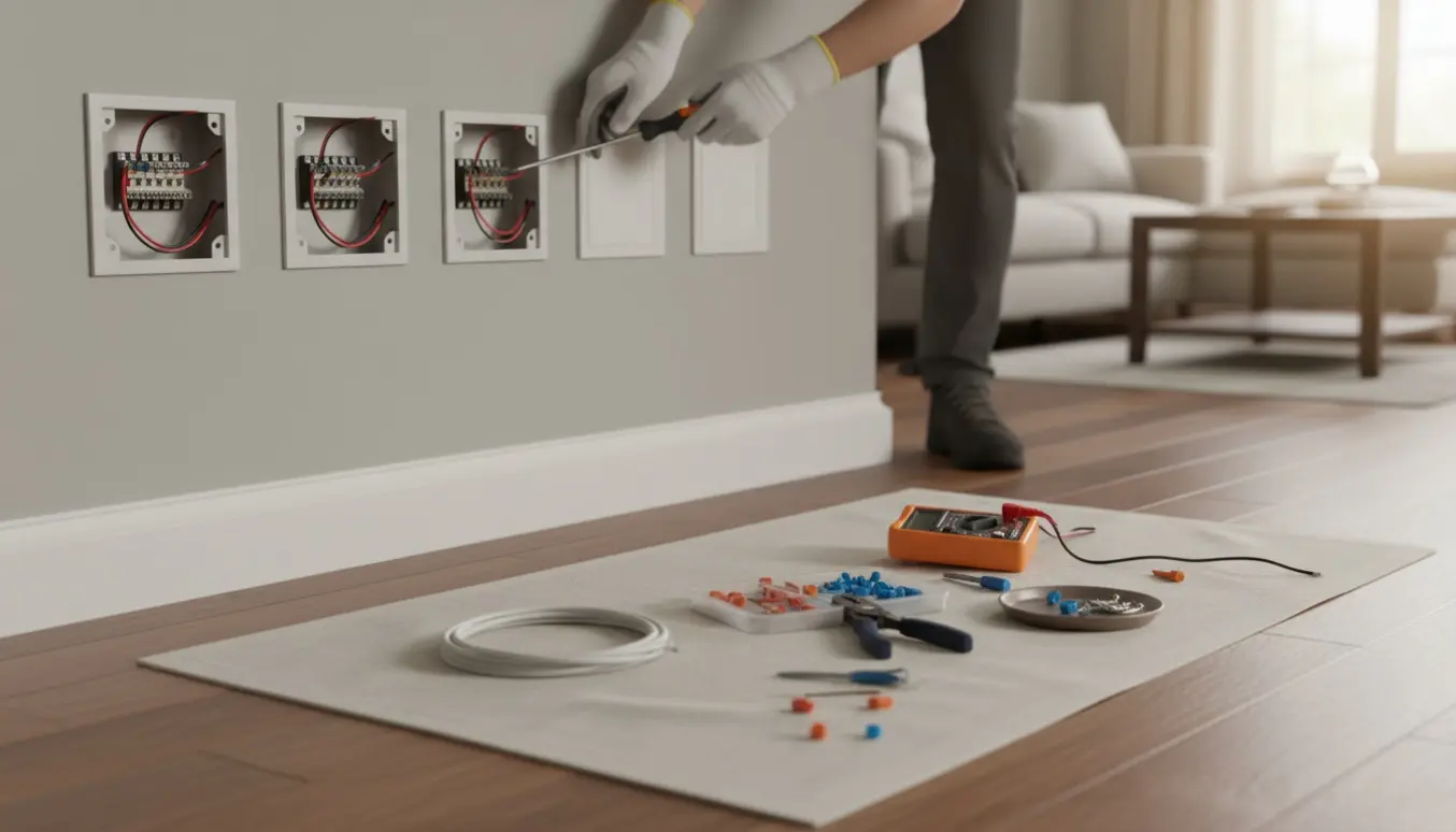 Elektriker på stige monterer fire stikkontakter højt på væggen med værktøj på et beskyttende klæde.