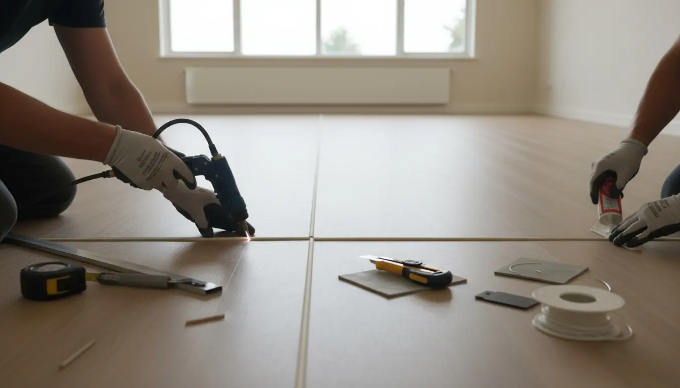 Nærbillede af vinylgulv, svejsning af søm og limning af blød fodliste i et lyst rum.