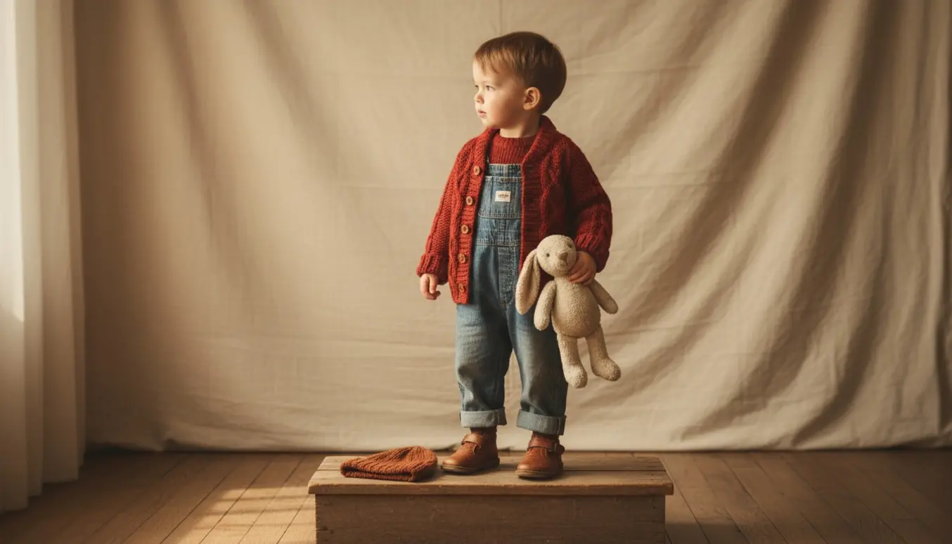 Et naturtro foto af en treårig dreng i rød strikket cardigan og denim-overalls foran en varm, neutral baggrund, vendt let væk fra kameraet.