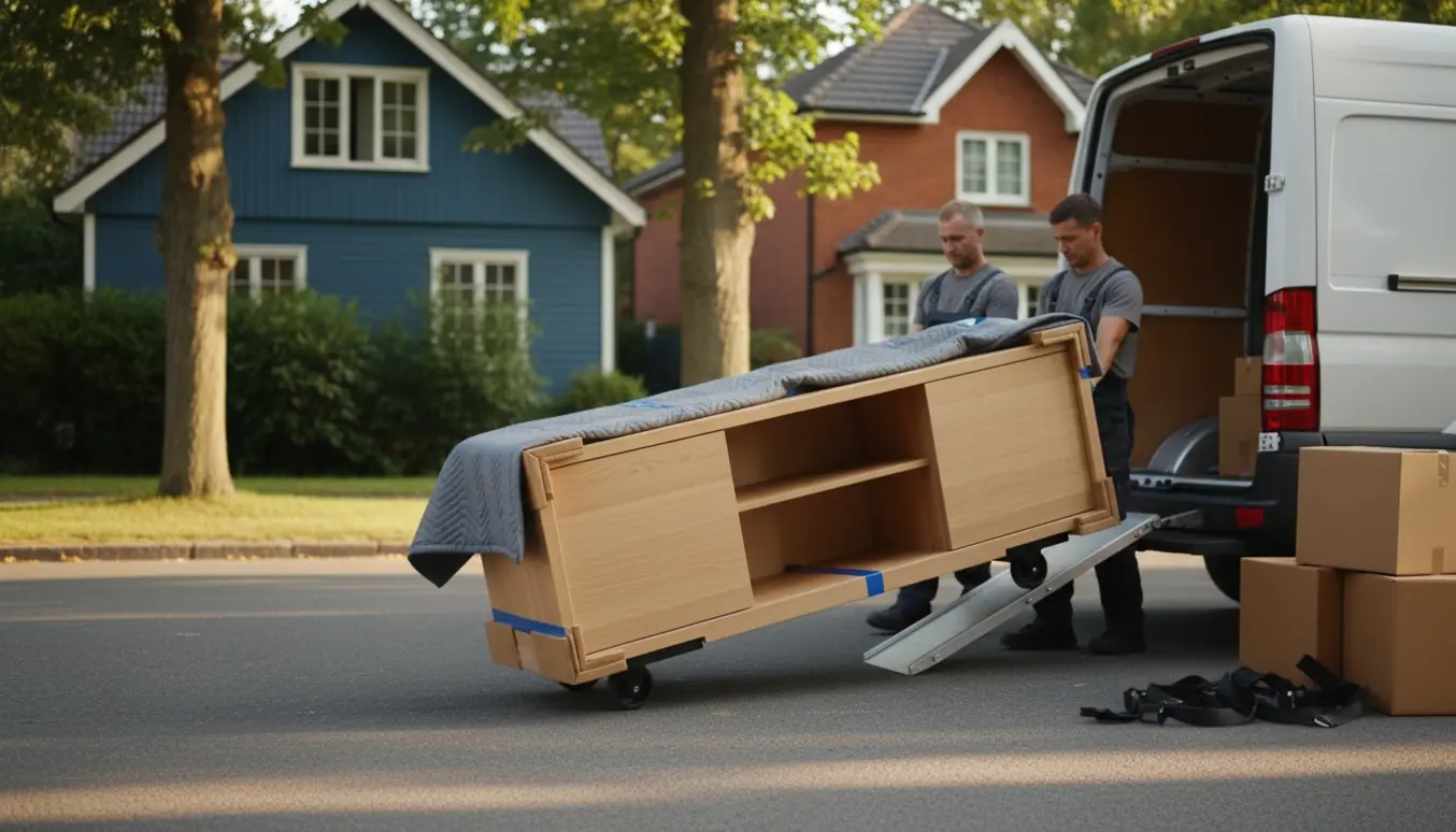 Et skandinavisk TV-møbel pakket ind og flyttet mellem to private huse med en flyttevogn i baggrunden.