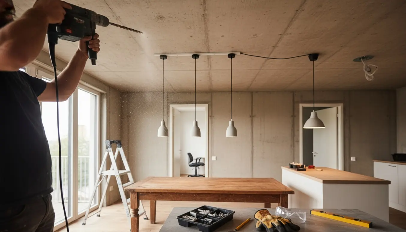 Installatør borer i betonloft for at hænge lamper; tre lamper over spisebordet og monteringsbeslag til Wi‑Fi-adgangspunkt i baggrunden.