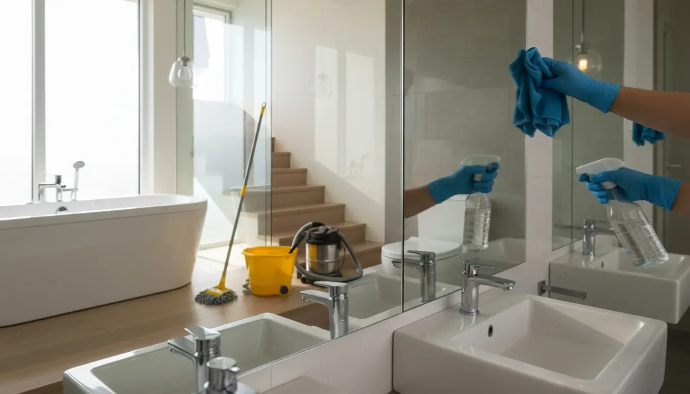 Hænder polerer spejl i et lyst hjem med støvsuger på trappen og skinnende badeværelse i baggrunden.