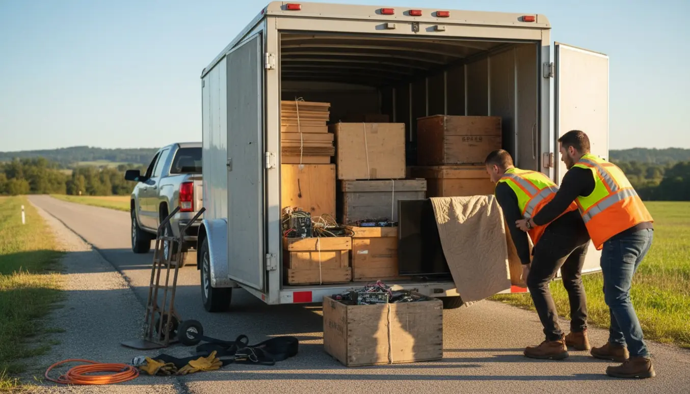 Arbejder læsser pap, trækasser og elektronik, inklusive et fladskærms-tv, ind i en åben trailer.