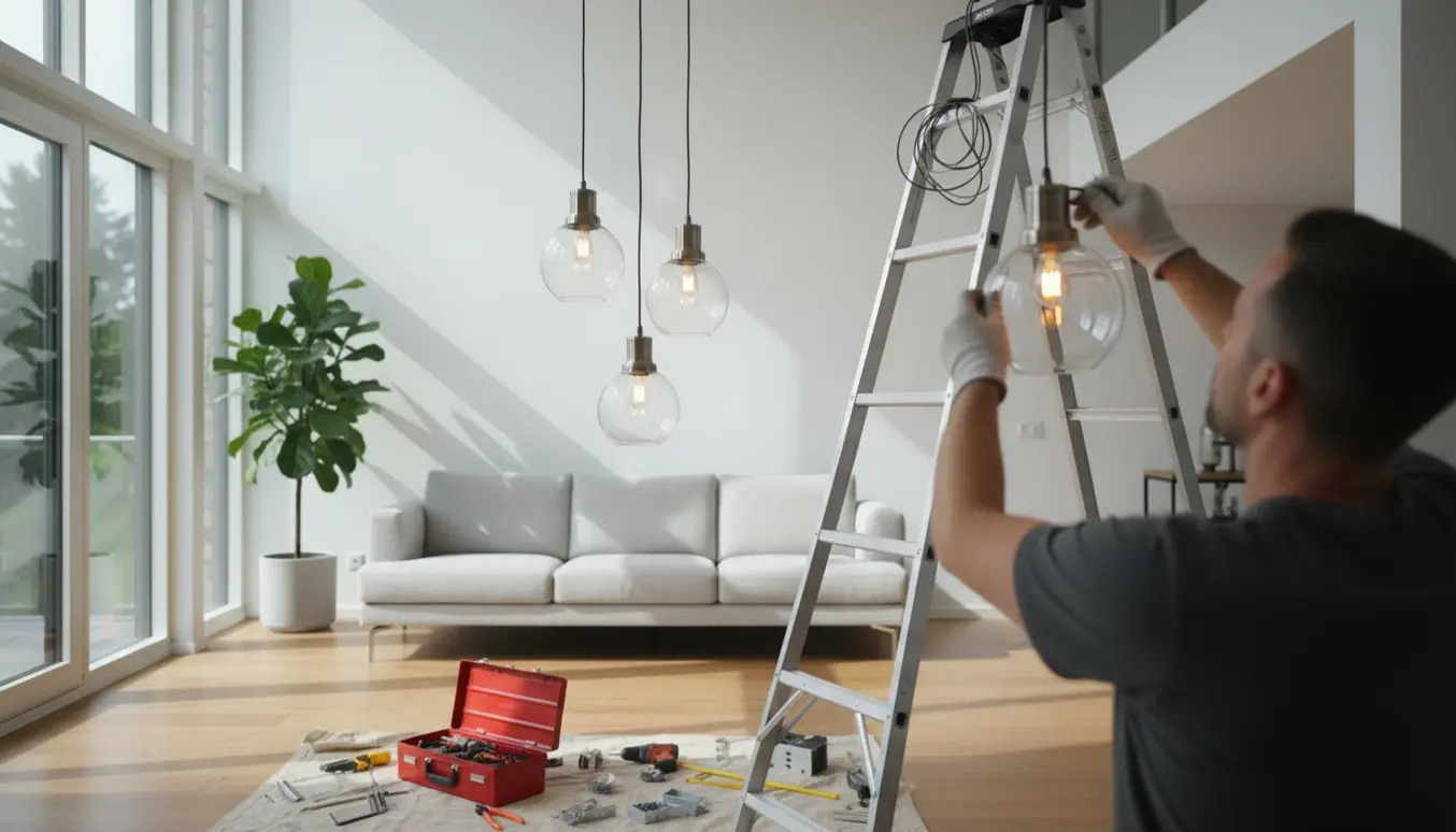 Håndværker på en stige hænger tre pendellamper i et rum med højt til loftet.