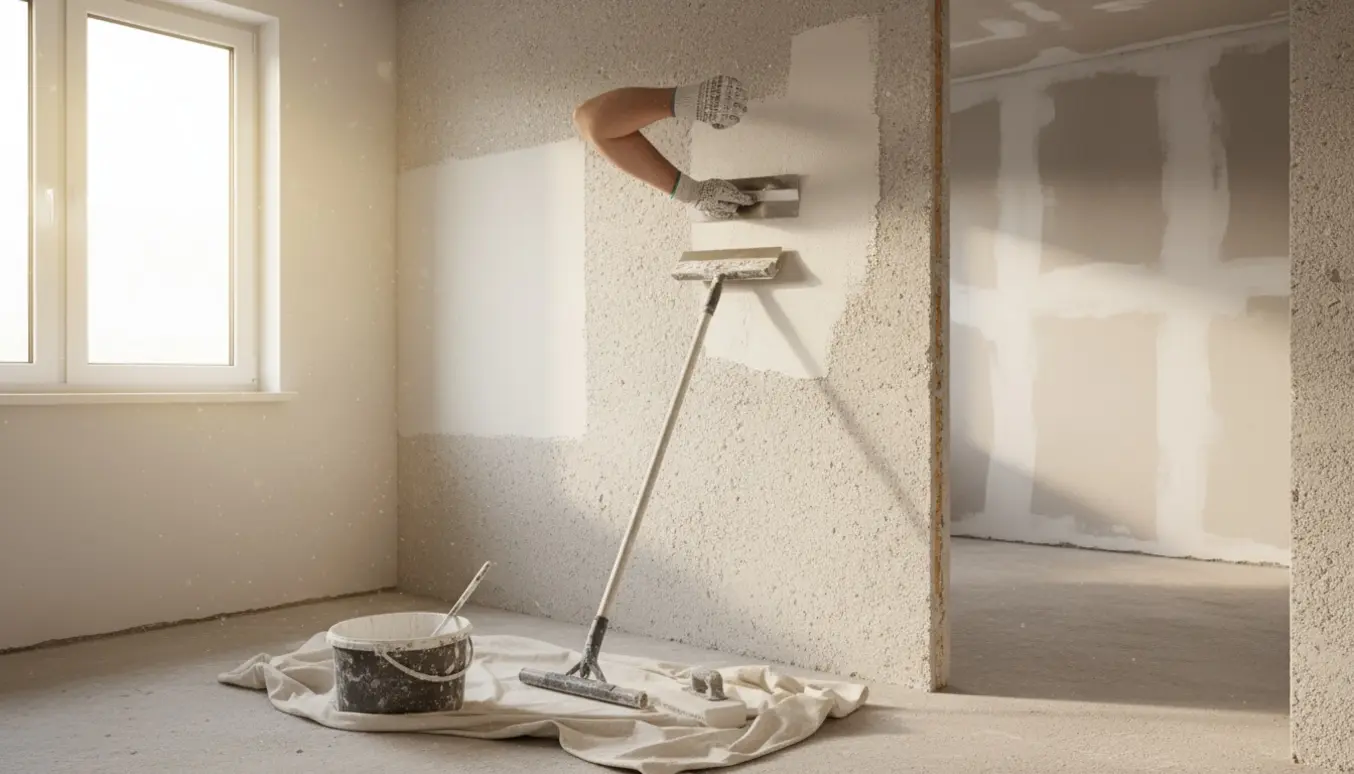 Et lille rum med gasbetonvæg under spartling og slibning, handske­klædte hænder glatter spartelmasse og slibeudstyr står klar.