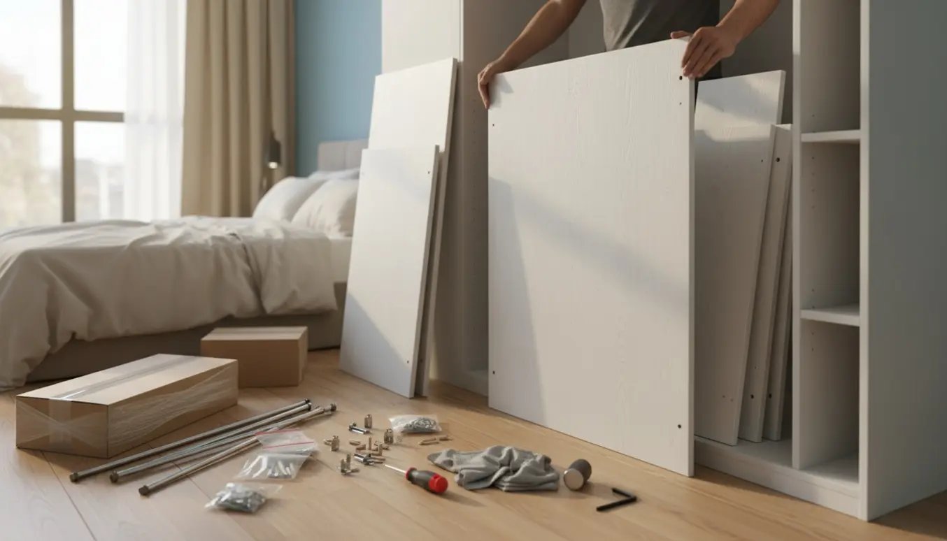 Hænder samler et nyt Platsa-garderobeskab i et soveværelsesindhak med paneler, værktøj og emballage omkring.