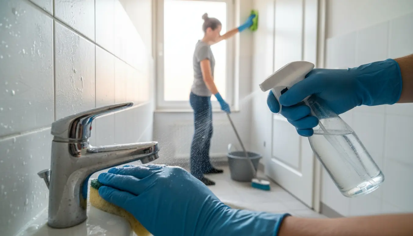Handskerede hænder afkalker et brusearmatur, mens en dør og panel pudses i baggrunden.