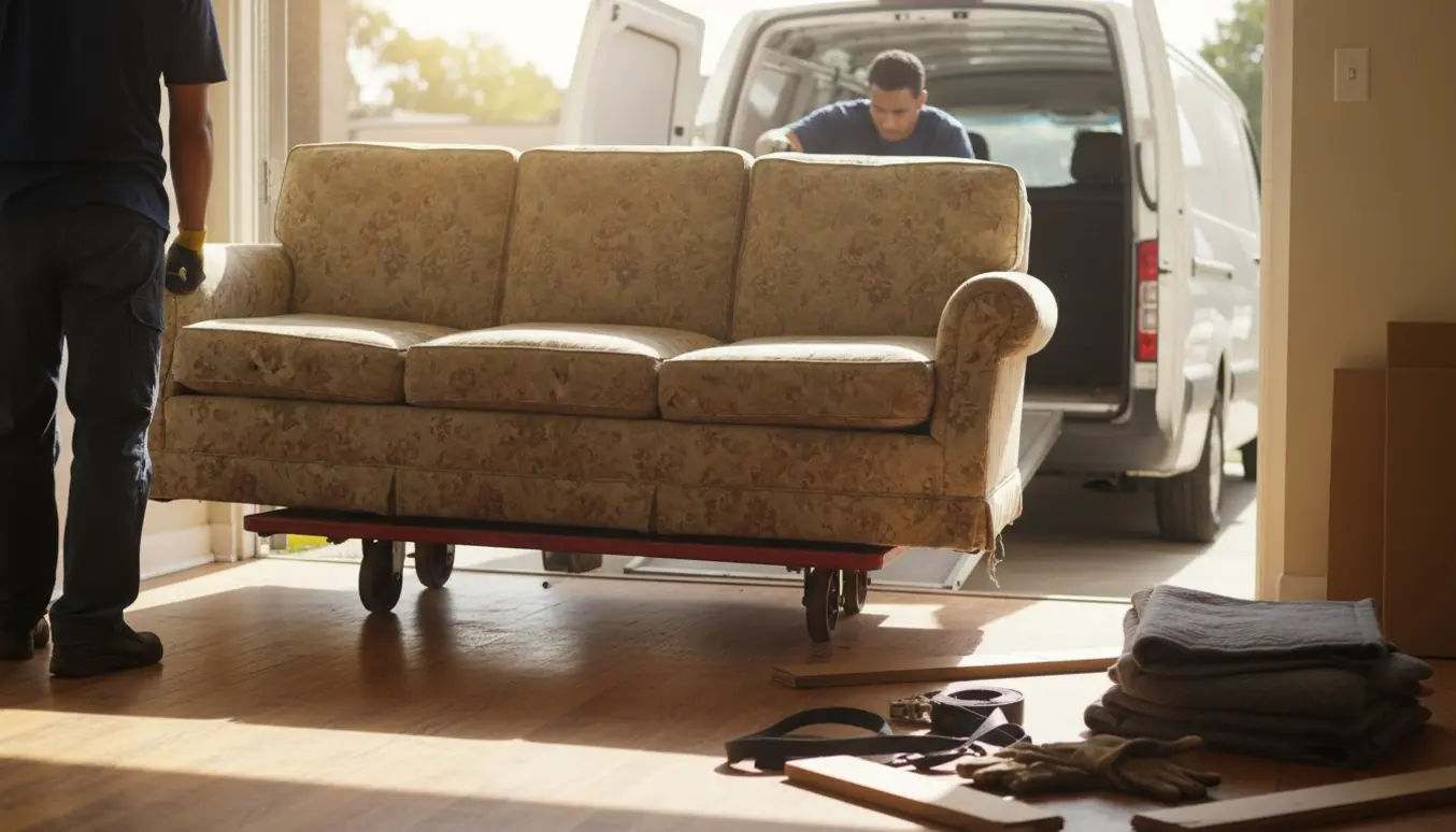 To flyttefolk bærer en slidt sofa ud af en opgang og ind i en varevogn.